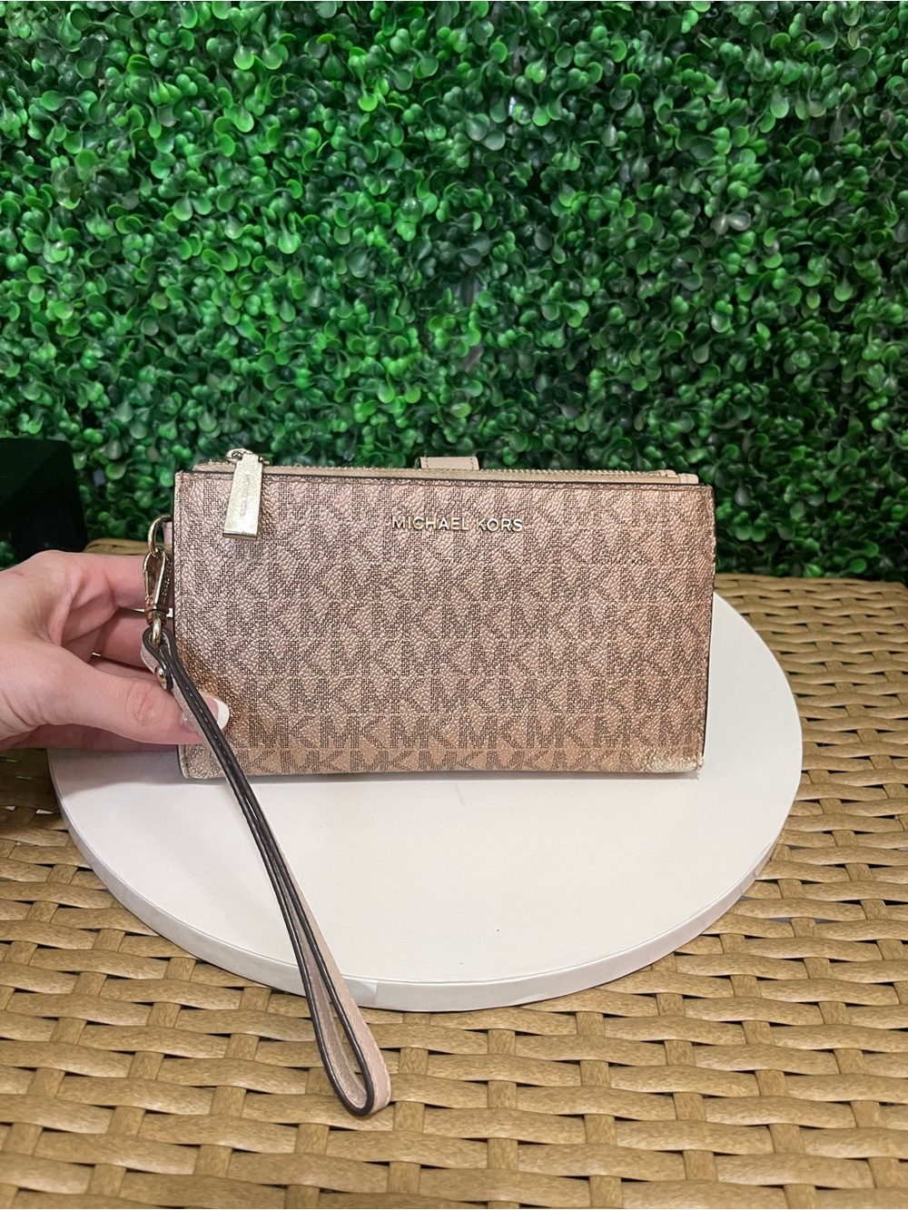 Michael Kors Metallic Rose Gold Signature Wristlet